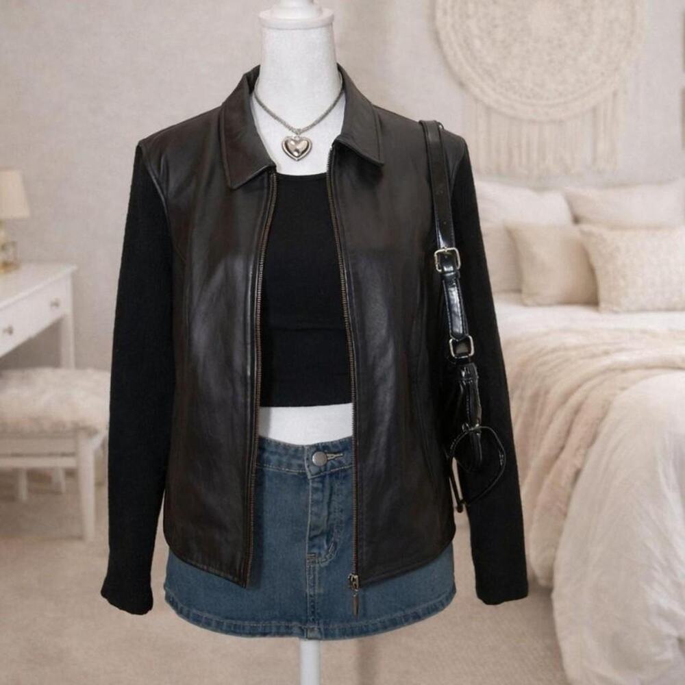 Leather moto fabric sleeve jacket